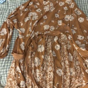 Pink Lily Floral Midi Dress in Tan and Cream